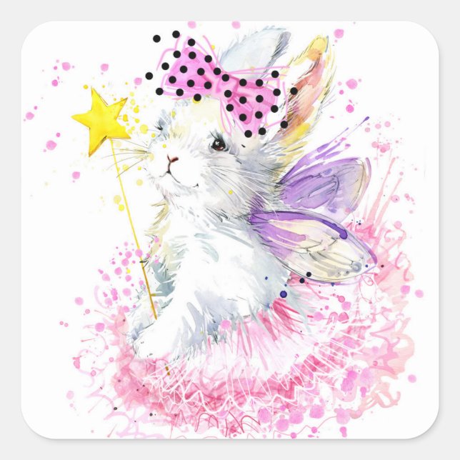 Watercolor Fairy Bunny Square Sticker (Front)