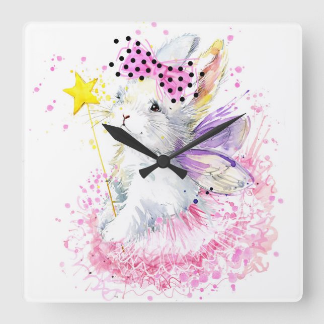 Watercolor Fairy Bunny Square Wall Clock (Front)