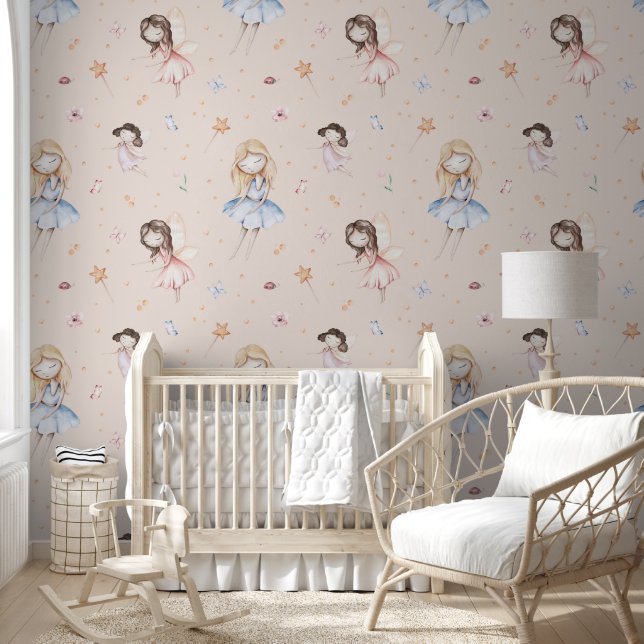 Watercolor Fairy Flowers Peach Fairytale Nursery Wallpaper (Kids)