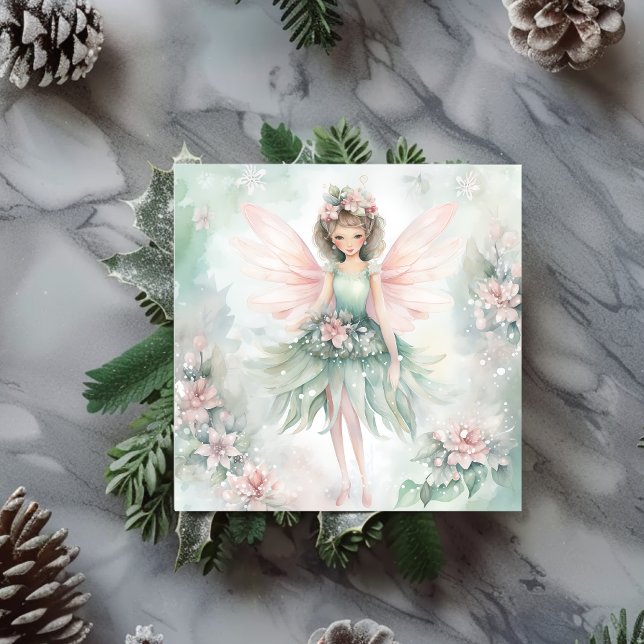 Watercolor Fairy flowers pink and mint Holiday Card (Watercolor Fairy flowers pink and mint Holiday Card)