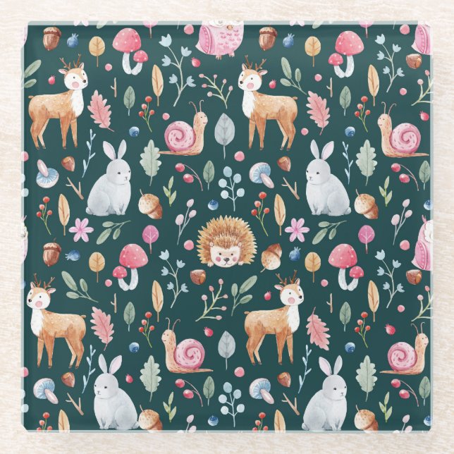 Watercolor Fairy Forest Children's Pattern Glass Coaster (Front)