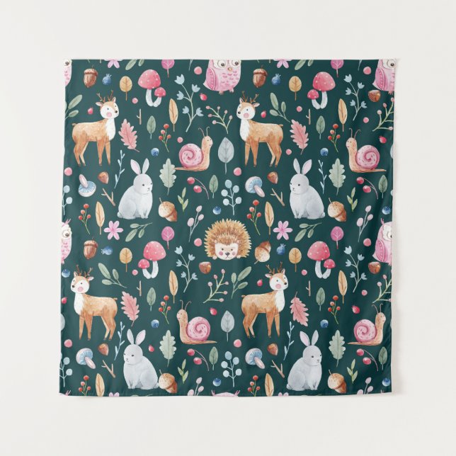 Watercolor Fairy Forest Children's Pattern Tapestry (Front)