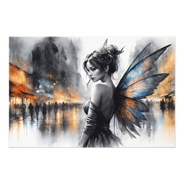Watercolor fairy girl twilight magical night city photo print (Front)