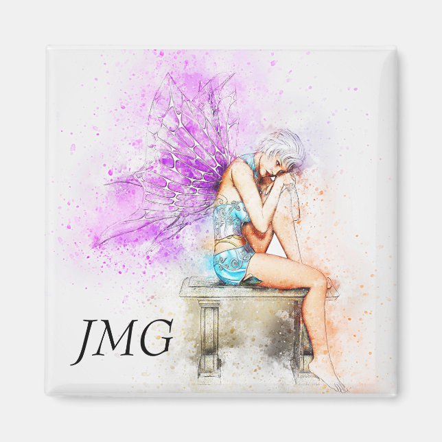 Watercolor Fairy in Blue with Monogram Magnet (Front)