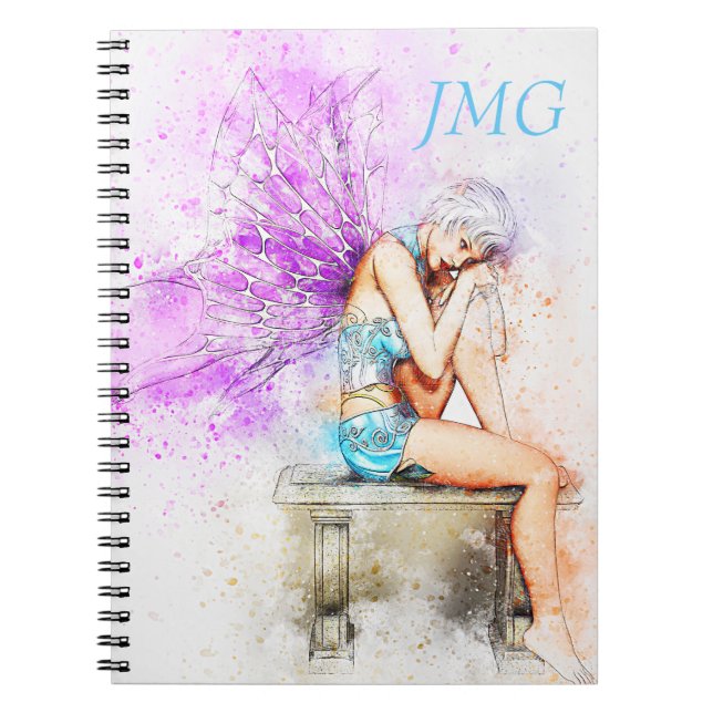 Watercolor Fairy in Blue with Monogram Notebook (Front)