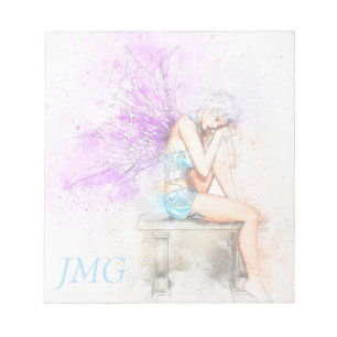 Watercolor Fairy in Blue with Monogram Notepad