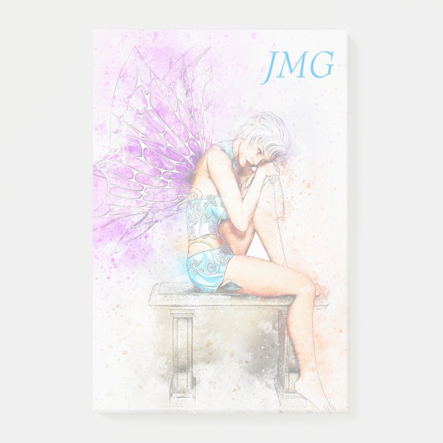 Watercolor Fairy in Blue with Monogram Post-it Notes (Front)