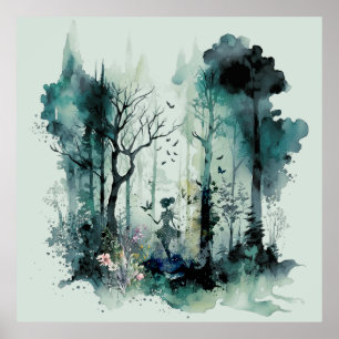 Watercolor Fairy in Forest Poster
