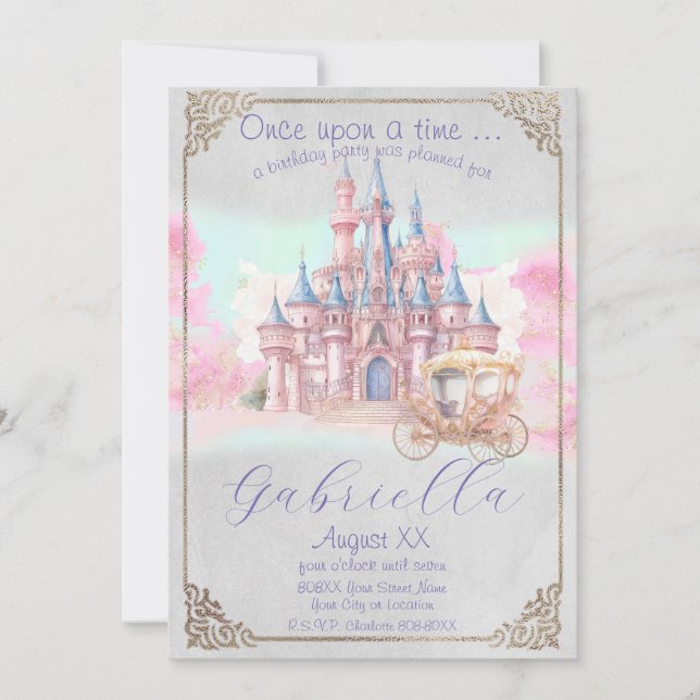 Watercolor Fairy Tale Theme Castle & Carriage Invitation (Front)