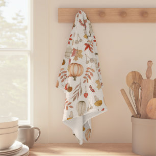 Watercolor Fall Autumn Leaves Mushroom Pumpkin  Tea Towel