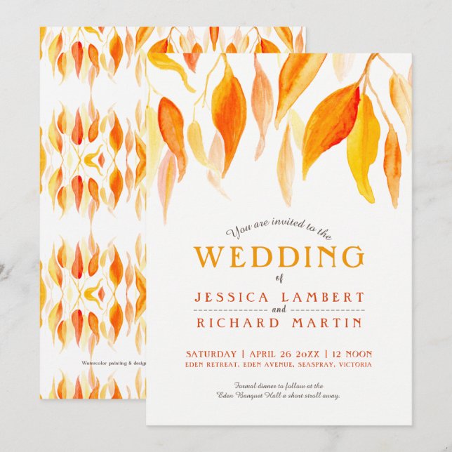 Watercolor fall autumn leaves wedding invitation (Front/Back)