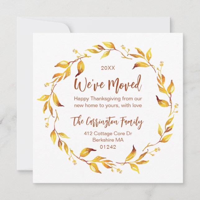 Watercolor Fall Autumn Leaves We've Moved. Holiday Card (Front)