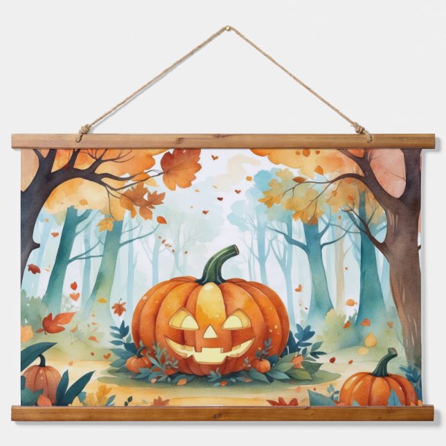 Watercolor Fall Autumn Pumpkins Leaves Forest Hanging Tapestry (Front)