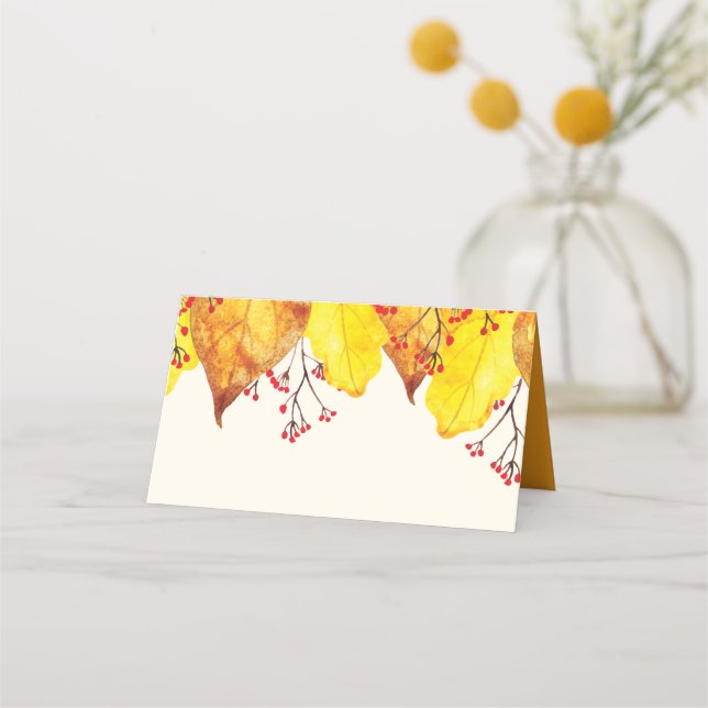 Watercolor Fall Autumn Thanksgiving Foliage Place Card (Front)