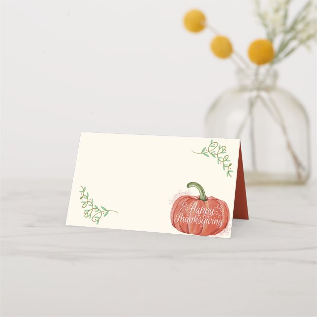 Watercolor Fall Autumn Thanksgiving Pumpkin Place Card (Front)