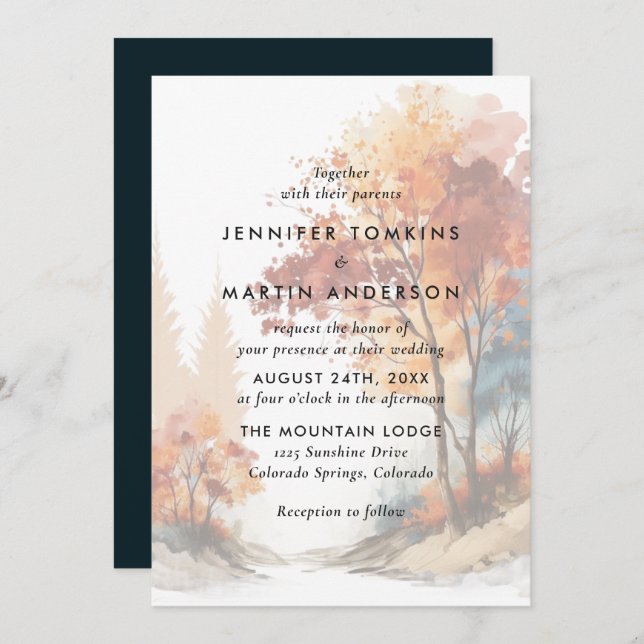 Watercolor Fall Autumn Tree Wedding Invitation (Front/Back)