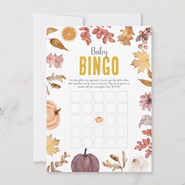 Watercolor Fall Baby Bingo, Baby Shower Activity Card (Front)
