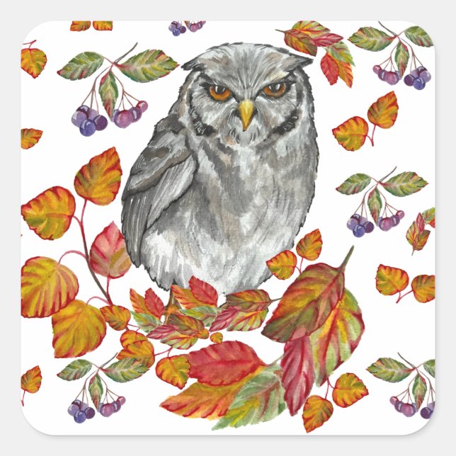 Watercolor fall beautiful owl and leaves button square sticker (Front)