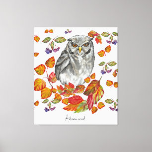 Watercolor fall beautiful owl and leaves canvas print