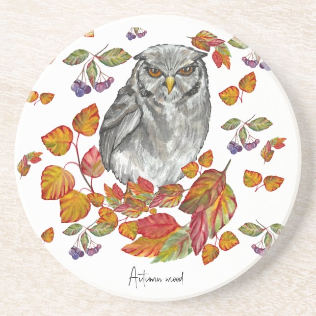 Watercolor fall beautiful owl and leaves coaster (Front)