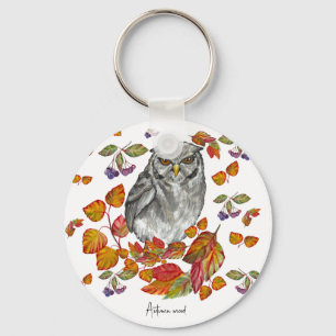 Watercolor fall beautiful owl and leaves coaster b key ring