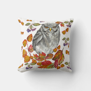 Watercolor fall beautiful owl and leaves cushion