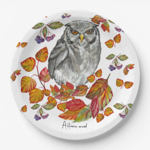 Watercolor fall beautiful owl and leaves paper plate