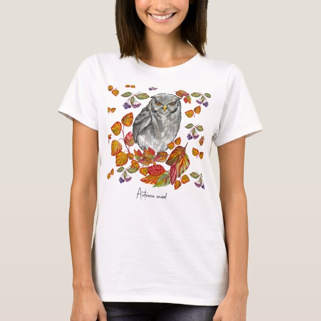 Watercolor fall beautiful owl and leaves T-Shirt (Front)