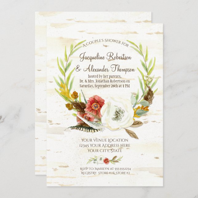 Watercolor Fall Boho Floral Feather Couples Shower Invitation (Front/Back)