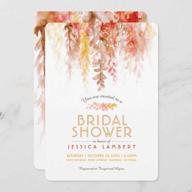 Watercolor fall brown red yellow bridal shower invitation (Front/Back)