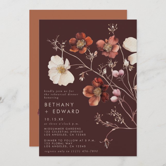 Watercolor Fall Brown Wildflower Rehearsal Dinner Invitation (Front/Back)