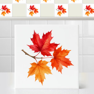 Watercolor Fall Canadian Red Maple Leaves Twig Art Tile