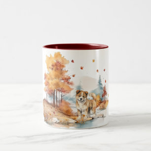 Watercolor Fall Dog Design- Akita Two-Tone Coffee Mug
