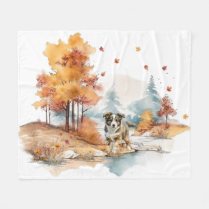 Watercolor Fall Dog Design- Australian Shepherd Fleece Blanket