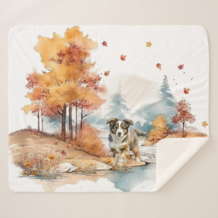 Watercolor Fall Dog Design- Australian Shepherd Sherpa Blanket