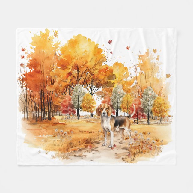 Watercolor Fall Dog Design- Beagle Fleece Blanket (Front (Horizontal))