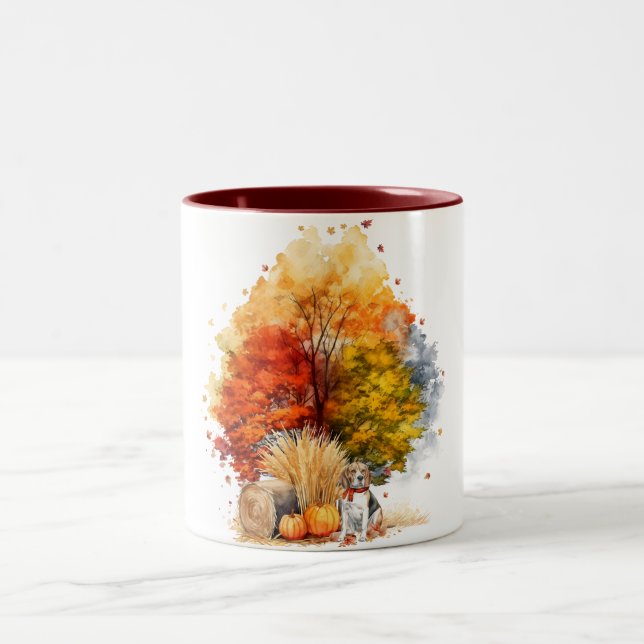Watercolor Fall Dog Design- Beagle Two-Tone Coffee Mug (Center)