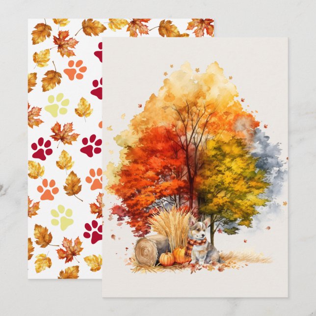 Watercolor Fall Dog Design- Corgi Card (Front/Back)