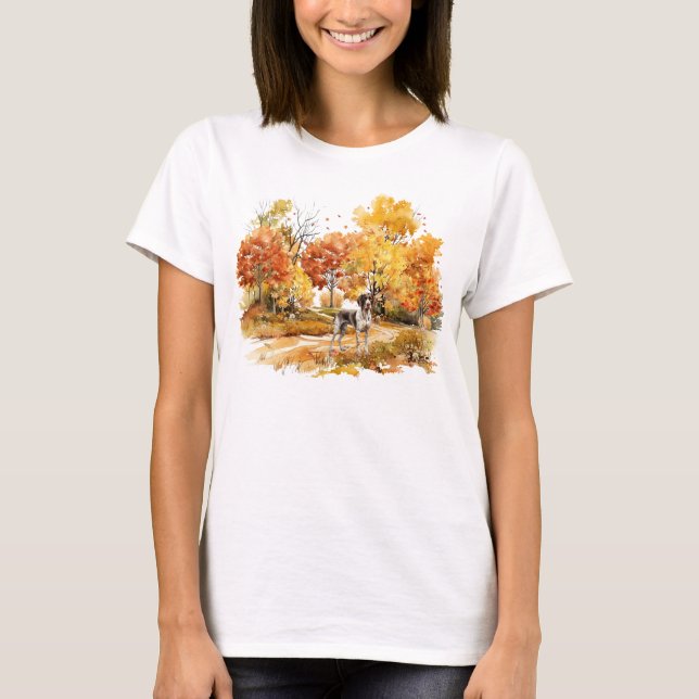 Watercolor Fall Dog Design- German Pointer T-Shirt (Front)