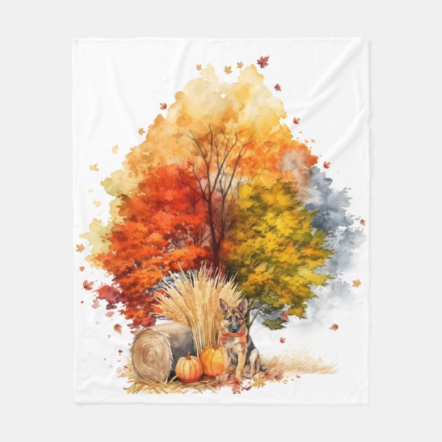 Watercolor Fall Dog Design- German Shepherd Fleece Blanket (Front)