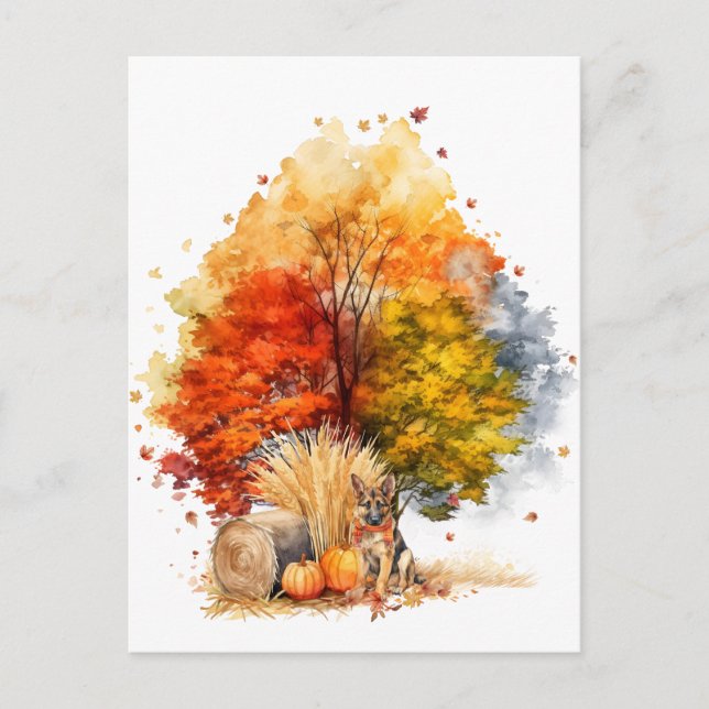 Watercolor Fall Dog Design- German Shepherd Postcard (Front)