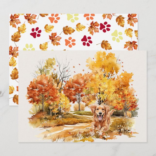 Watercolor Fall Dog Design- Golden Retriever Card (Front/Back)
