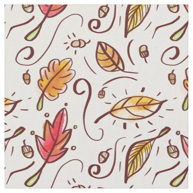 Watercolor Fall Doodles - Seamless Pattern Fabric (Close Up)