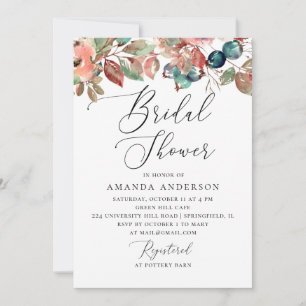Watercolor fall floral blueberry bridal shower invitation