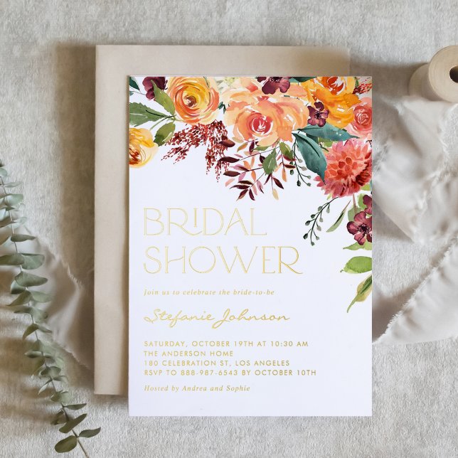 Watercolor Fall Floral Bouquet Bridal Shower (Autumn Floral Gold Foil Bridal Shower Invitation with Watercolor Ranunculus, Dahlia and Roses)