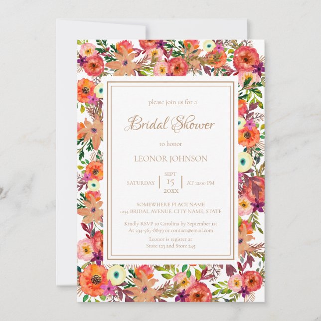 Watercolor Fall Floral Bridal Shower Invitation (Front)