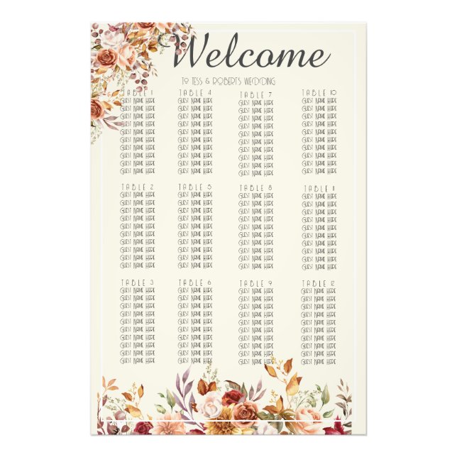 Watercolor Fall Floral Foliage Seating Chart Print (Front)