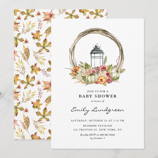 Watercolor Fall Floral Lantern Wreath Baby Shower Invitation (Front/Back)