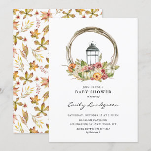 Watercolor Fall Floral Lantern Wreath Baby Shower Invitation
