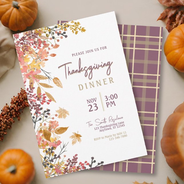 Watercolor fall floral plaid Thanksgiving Dinner Invitation (Creator Uploaded)